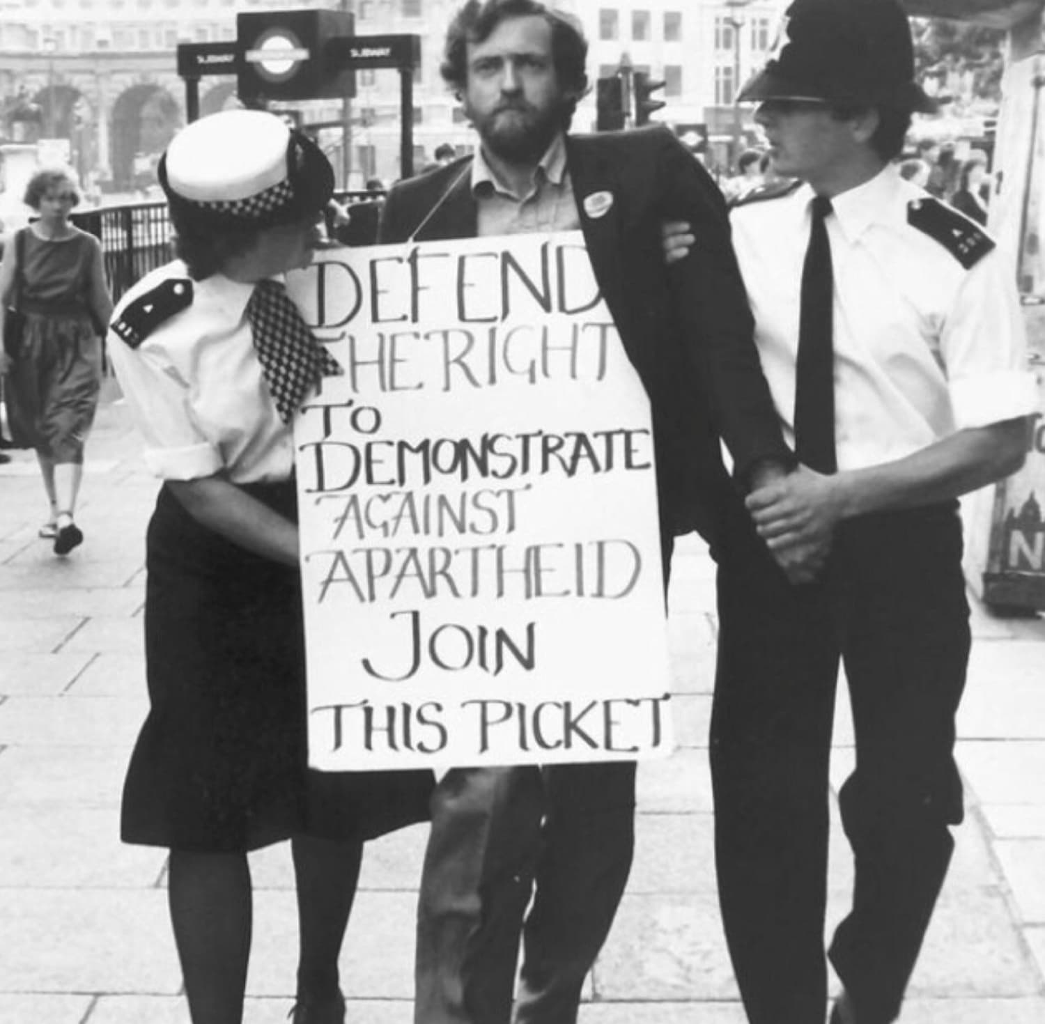 “Jeremy Corbyn at an anti-Apartheid protest in London, 1984.”